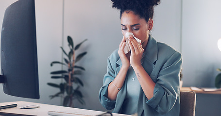 Image showing Business, woman and sneeze in office, computer and sickness. Female entrepreneur, administrator and tissue for illness, flu and girl overworked, burnout and employee for corporate planning or startup