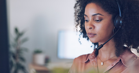 Image showing Communication, computer or black woman on a video call in call center consulting, networking or helping with advice. Contact us, wave or happy African American mixed race black worker talking, conver