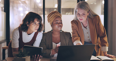 Image showing Laptop, tablet and business people teamwork on night project, digital finance portfolio or feedback review of stock market research. Financial economy, investment collaboration and trader trading nft