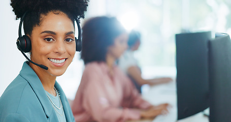 Image showing Black woman, call center and contact us with CRM and portrait in office with smile and professional in customer service or telemarketing. Customer support, work at desk and headphone with microphone.