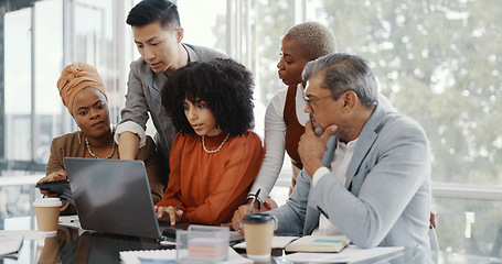 Image showing Team, business people and conversation with laptop, brainstorming for advertising campaign and office. Staff, teamwork and digital analysis for group project, sales growth and collaboration for goal