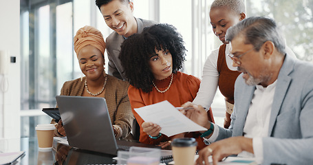 Image showing Team, business people and conversation with laptop, brainstorming for advertising campaign and office. Staff, teamwork and digital analysis for group project, sales growth and collaboration for goal