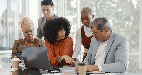 Image showing Team, business people and conversation with laptop, brainstorming for advertising campaign and office. Staff, teamwork and digital analysis for group project, sales growth and collaboration for goal