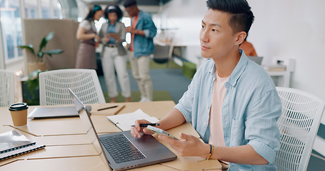 Image showing Thinking businessman, laptop or phone in coworking office for digital marketing innovation, strategy planning or lead generation ideas. Happy smile, creative designer or technology with growth goals