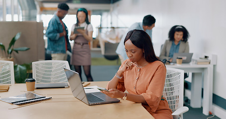 Image showing Black woman, thinking and laptop for digital marketing, writing notes or online schedule in modern office. African American female, administrator and creative with idea, planning advertising or focus