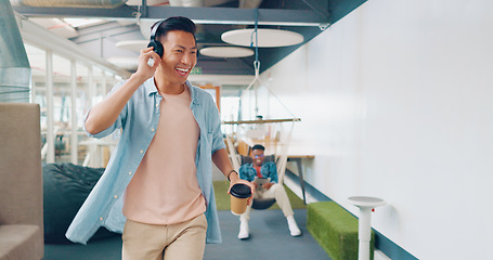 Image showing Businessman, dancing headphones or walking in modern office, coworking space or teamwork marketing company with freedom energy. Smile, happy or music dance for worker or creative designer with coffee