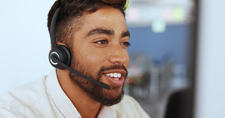 Image showing Call center, telemarketing and face of a man giving advice, technical support and help online on a computer. Contact us, customer service and consultant consulting for sales, crm and service job