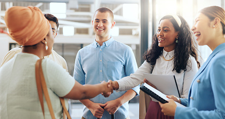 Image showing Diversity, team and handshake for partnership, business and collaboration in modern office. Teamwork, multiracial and staff greeting, hand gesture for welcome and group project for startup company.