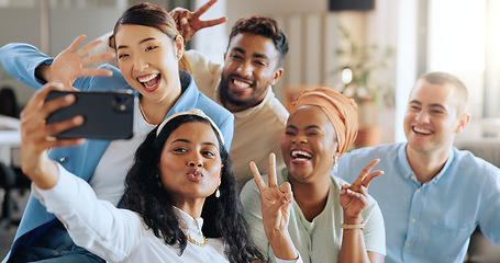 Image showing Phone selfie, peace sign and group of business people taking pictures for social media. Teamwork, hand gesture and men and women taking a photo on mobile smartphone for happy office memory together.