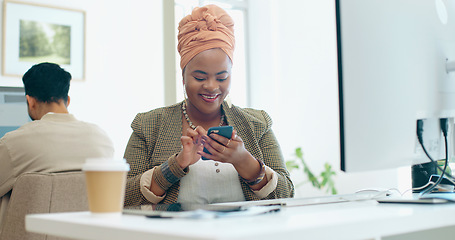 Image showing Business phone, office and black woman laughing at funny meme, joke or comedy on social media. Comic, cellphone and female employee with mobile smartphone laugh at online humor while web browsing.