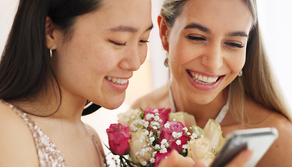 Image showing Wedding, phone and women on social media app reading notification, chat app and happy with digital gallery. Asian girl or bride friends on internet with smartphone to scroll and review online post