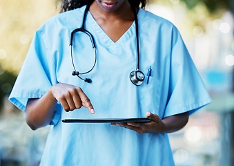 Image showing Doctor hands, tablet technology and medical research, healthcare software and hospital management app. Nurse black woman or expert person on digital tech services for clinic data analysis or results