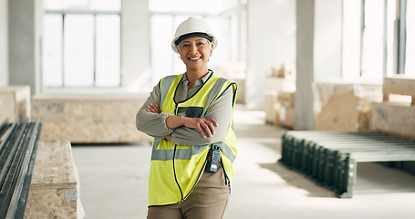 Image showing Architect, arms crossed or engineering designer in architecture motivation, real estate vision or office building ideas. Portrait, happy smile or property construction worker woman on site innovation
