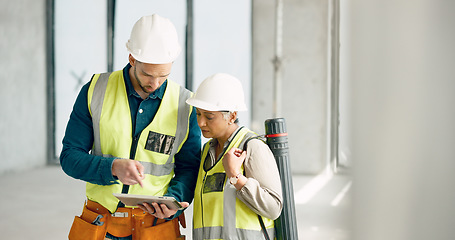 Image showing Construction, tablet and collaboration with an architect and engineer working as a team together on a building site. Teamwork, communication or technology with a man and woman at work in architecture