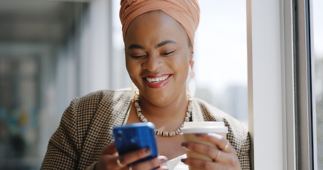 Image showing Business, black woman and smartphone for typing, social media and connection in office. Female entrepreneur, African American leader and ceo with phone for conversation, coffee and search internet