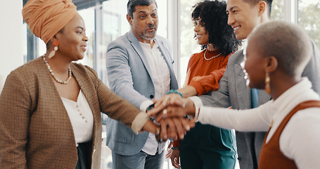 Image showing Teamwork, collaboration hands and applause of business people for support, trust and team building. Motivation, success and group of employees in huddle clapping in celebration of goals or targets.