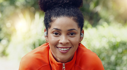 Image showing Fitness, motivation and breathing of a black woman with smile in nature in exercise cardio workout for health and wellness. Portrait of a African female in sports training in breath exercises outside