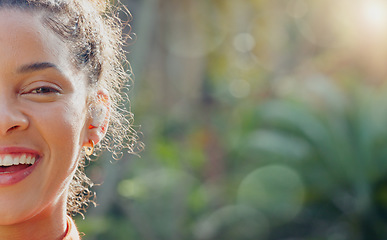 Image showing Portrait of a woman on a fitness run in nature by a park for health, fresh air and exercise. Happy, healthy and athlete girl taking a break while on a outdoor jog or cardio training in summer