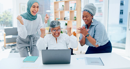 Image showing Creative business people, laptop and applause for good news, email or market sale in startup at the office. Group of employee designers celebrating win, deal or promotion on computer at the workplace