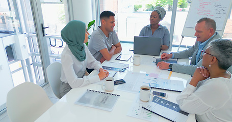 Image showing Teamwork, business meeting and office for planning, strategy or financial budget for marketing with diversity. Executive group, business people and discussion with multicultural team, vision and goal