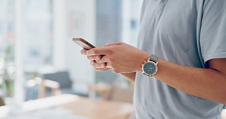 Image showing Hands, phone and chat app in office for communication, social media or email for internet businessman. Man, smartphone and hands in modern office on social network for digital marketing in New York