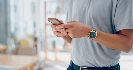 Image showing Hands, phone and chat app in office for communication, social media or email for internet businessman. Man, smartphone and hands in modern office on social network for digital marketing in New York