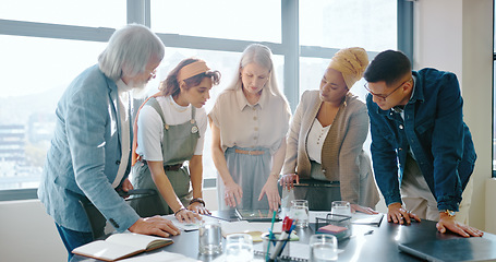 Image showing Documents, meeting and startup team in workshop for kpi strategy, planning or financial project for startup business. Accounting, paperwork and consultation for target, goals or tax audit research.