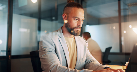 Image showing Laptop, typing and businessman finish before meeting with team for planning, strategy and ideas. Teamwork, corporate workplace and male worker busy with project, proposal and deadline on computer