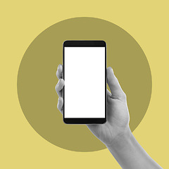 Image showing Hands, phone and screen on mockup for advertising, marketing or branding logo against studio background. Hand of person holding smartphone with mock up display for social media or advertisement