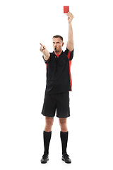 Image showing Referee man, whistle and red card hand warning while pointing for soccer rules, penalty or fail. Football man or coach sign for mistake or caution for competition game isolated on a white background