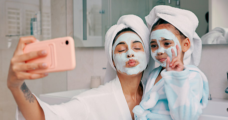 Image showing Beauty, skincare and facial with mother and girl and selfie in bathroom for health, spa and wellness. Luxury, product and mask on face with mom and child in family home for happy, peace and relax