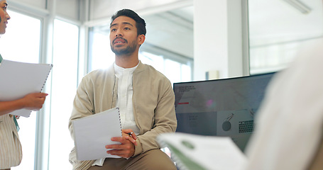 Image showing Talking businessman, mentor or diversity meeting on paper, documents or review in office or training feedback. Speaker, leadership or coaching in workshop, collaboration or teamwork strategy planning