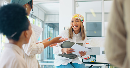 Image showing Business women, teamwork or diversity meeting on paper or documents review in coaching or training feedback. Smile, happy or talking speaker in leadership workshop, collaboration or strategy planning