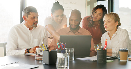 Image showing Team, brainstorming and laptop for online planning, marketing strategy or conversation in office. Teamwork, discussion and digital schedule for group project, idea for advertising campaign or talking