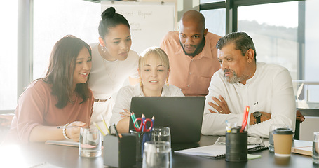 Image showing Business people, laptop and collaboration of team together for a meeting, planning or training with manager or leader in corporate office. Men and women talking about online review, results or search