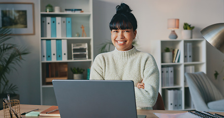 Image showing Happy, business woman and smile on laptop in success for company startup at work with crossed arms. Confident female employee worker smiling in happiness for job or career on computer at the office