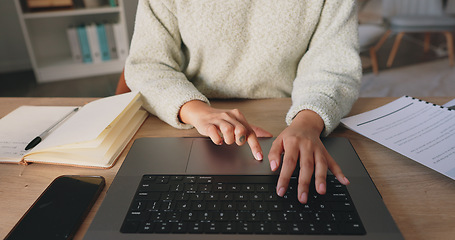 Image showing Laptop, computer and business woman hand typing, writing on notebook for planning, schedule and meeting review. Zoom, hands and strategy analytics for collaboration, research and KPI growth