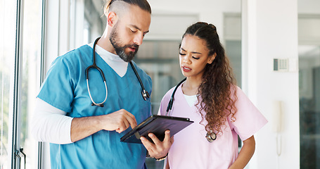 Image showing Healthcare team, tablet and medical nurse and surgeon talking, discussion and communication about results. Man and woman hospital staff meeting using technology for planning, innovation and medicine