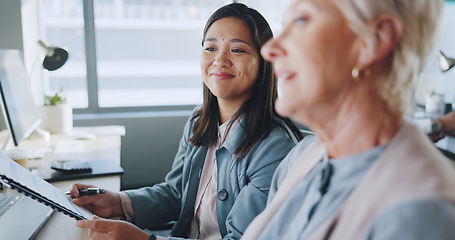 Image showing Business, women and conversation in office, marketing planning and advertising campaign. Females, ceo and employees for sales growth, manager explain system and communication for process and speaking