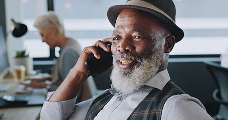 Image showing Business man talking on the phone, answering a call and communication while happy, smiling and laughing from below. Corporate professional male hearing good news, feeling motivated and ambitious