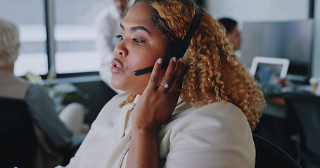 Image showing Crm, call center or black woman consulting via microphone talking, communication or helping online clients at help desk. Contact us, customer services or telemarketing sales agent in conversation