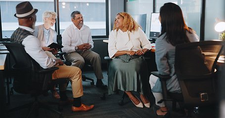 Image showing Business people, communication and team with diversity in workplace, coworking space and collaboration with tablet. Excited senior employee, talking and news with networking, productivity and review