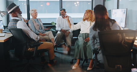 Image showing Business people, communication and team with diversity in workplace, coworking space and collaboration with tablet. Excited senior employee, talking and news with networking, productivity and review