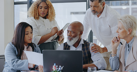 Image showing Laptop, CEO or senior business people in meeting planning a marketing strategy for company financial growth. Innovation, leadership or executive employees working in a partnership for kpi sales goals