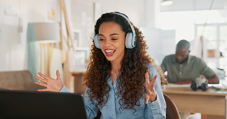 Image showing Video call, customer service woman in a courier office for product consulting, sales negotiation or ecommerce. Logistics, customer support or business consultant laptop, headphones and shipping boxes