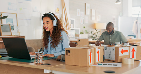 Image showing Video call, customer service woman in a courier office for product consulting, sales negotiation or ecommerce. Logistics, customer support or business consultant laptop, headphones and shipping boxes