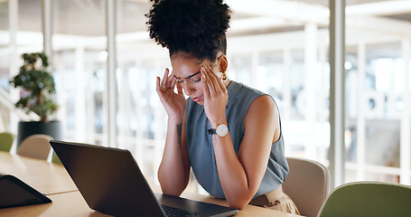 Image showing Headache, tablet and business woman with burnout, anxiety and stress about work. Black woman, tired and fatigue of a office employee with mental health problem from online report and digital audit
