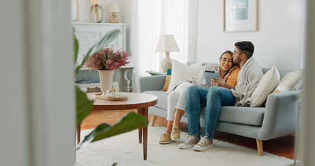 Image showing Couple, happy or tablet for communication, networking or social media app at home. Movie, video or love man and woman relax in living room streaming online, internet or website with smile in house