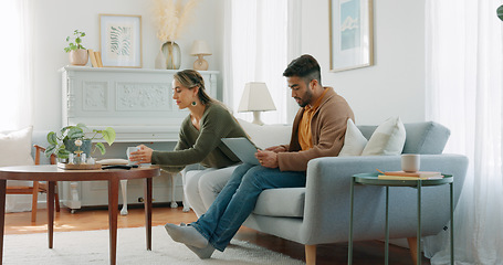 Image showing Relax, coffee and watching tv with couple on sofa together for movie, streaming service or television. Happy, love and tea with man and woman in living room at home for video, film and news lifestyle