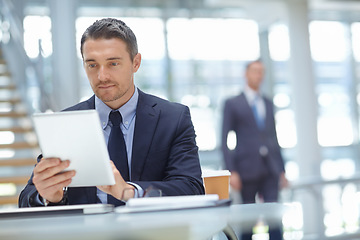 Image showing Research, corporate or businessman with tablet for invest strategy, finance growth or financial review. CEO or travel manager in office building planning, data analysis or economy data analytics